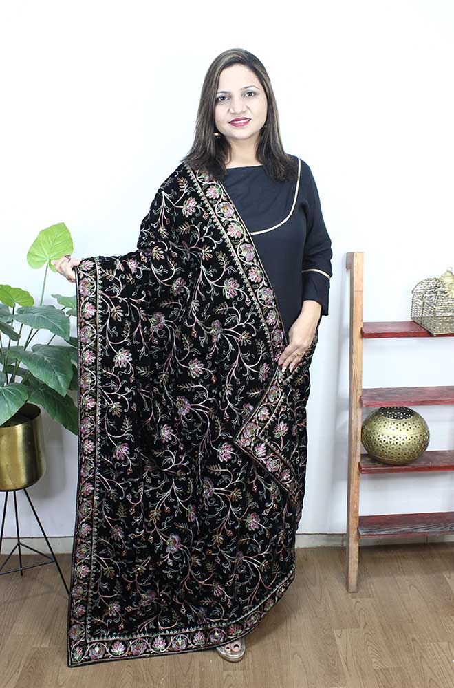 Black Embroidered Trendy Velvet Dupatta - Luxurion World