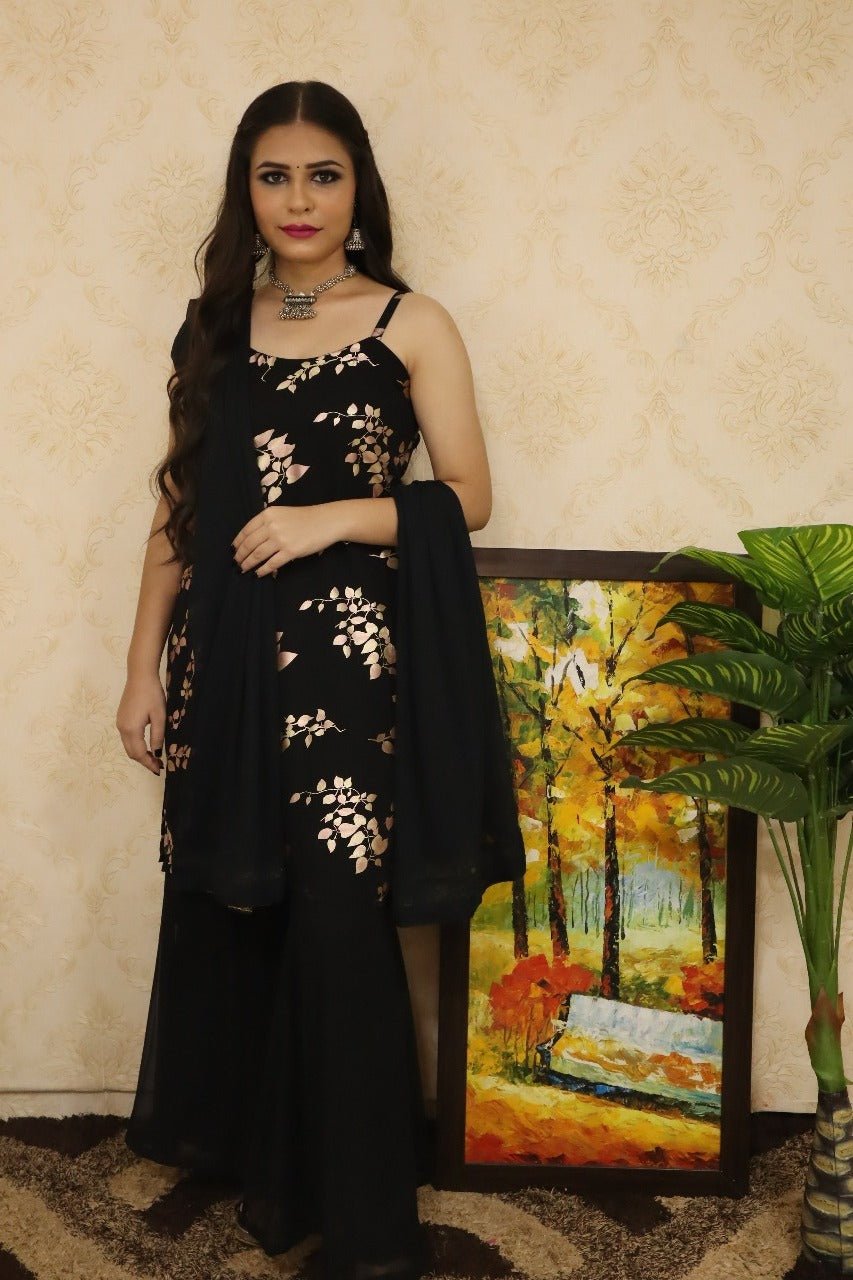 Black Foil Print Georgette Speghetti Kurti And Plain Layered Pallazo With Dupatta - Luxurion World