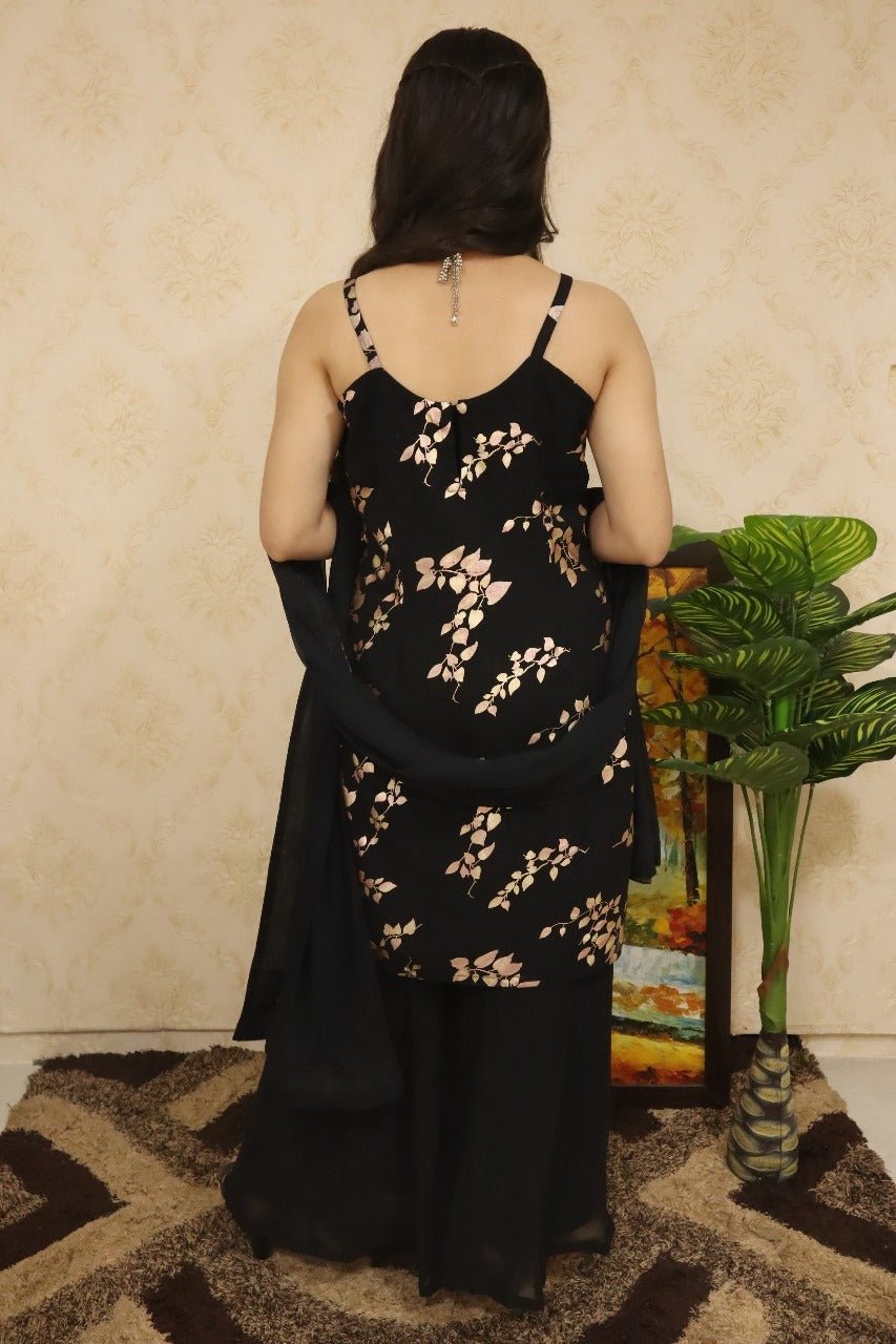 Black Foil Print Georgette Speghetti Kurti And Plain Layered Pallazo With Dupatta - Luxurion World