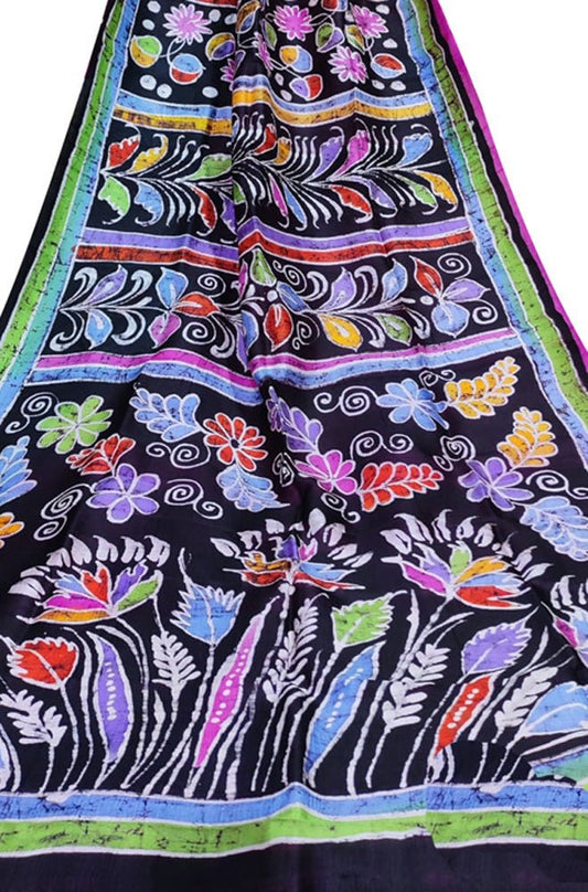 Black Hand Batik Silk Saree - Luxurion World