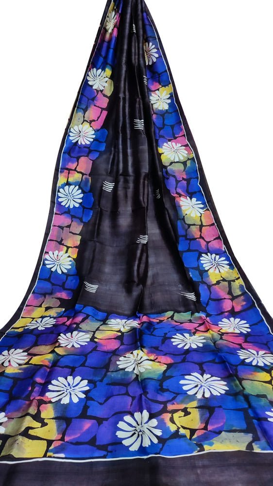Black Hand Batik Silk Saree - Luxurion World