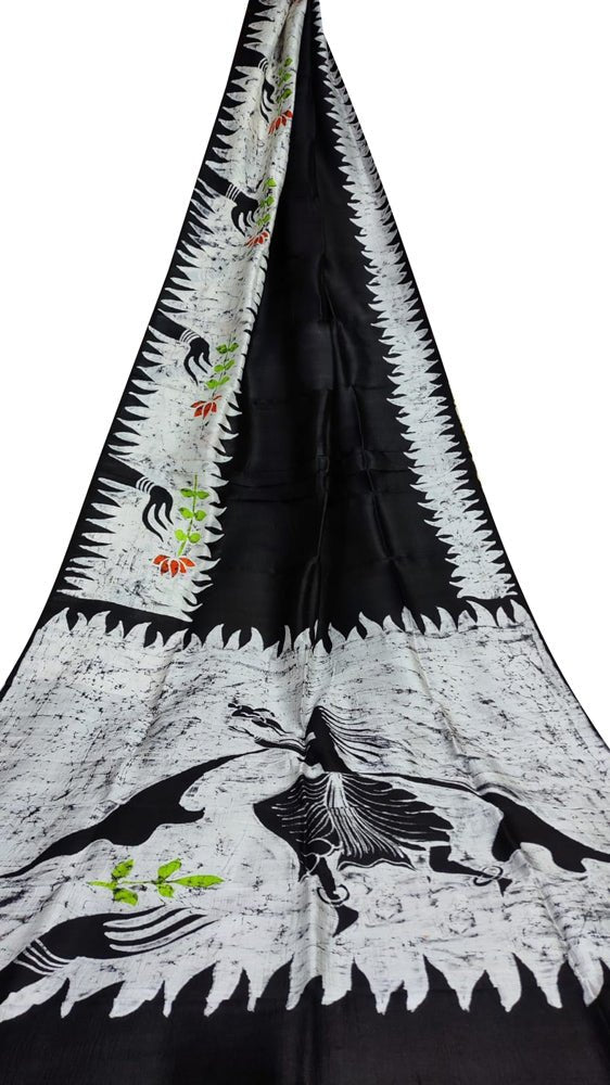 Black Hand Batik Silk Saree - Luxurion World