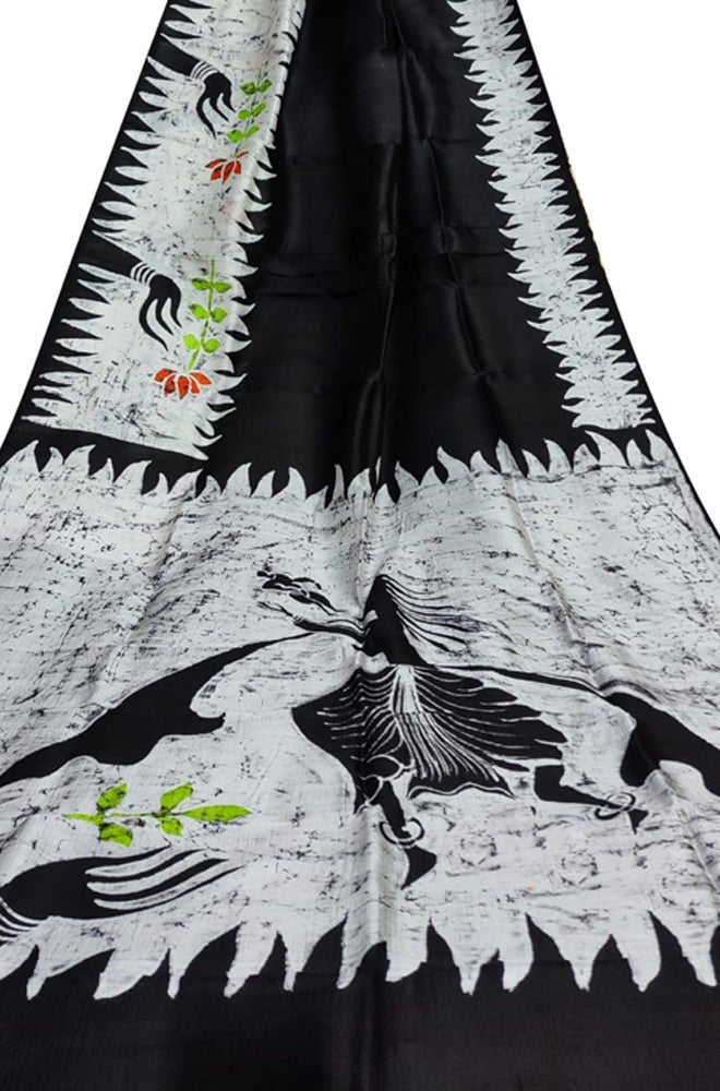 Black Hand Batik Silk Saree - Luxurion World