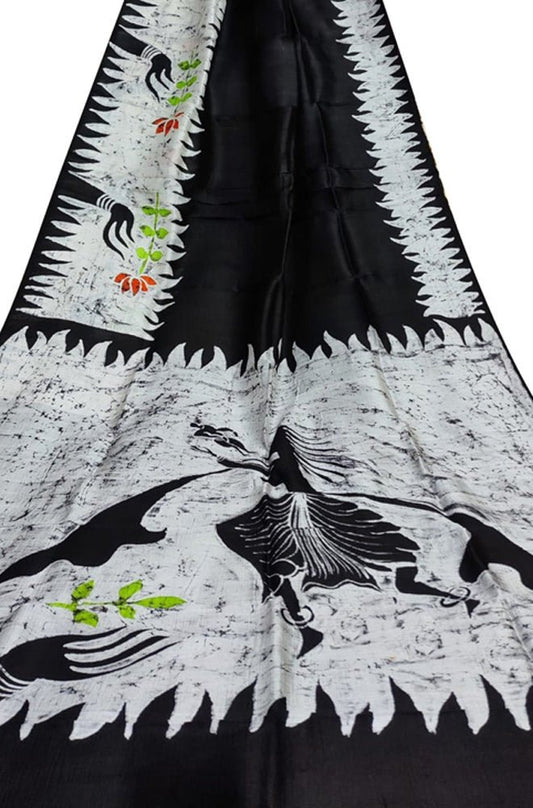 Black Hand Batik Silk Saree - Luxurion World