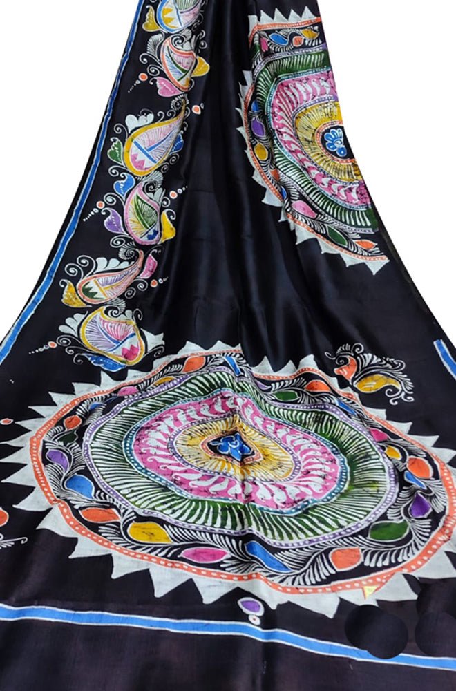 Black Hand Batik Silk Saree - Luxurion World