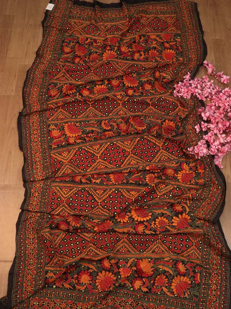 Black Hand Embroidered Kantha Bangalore Silk Dupatta - Luxurion World