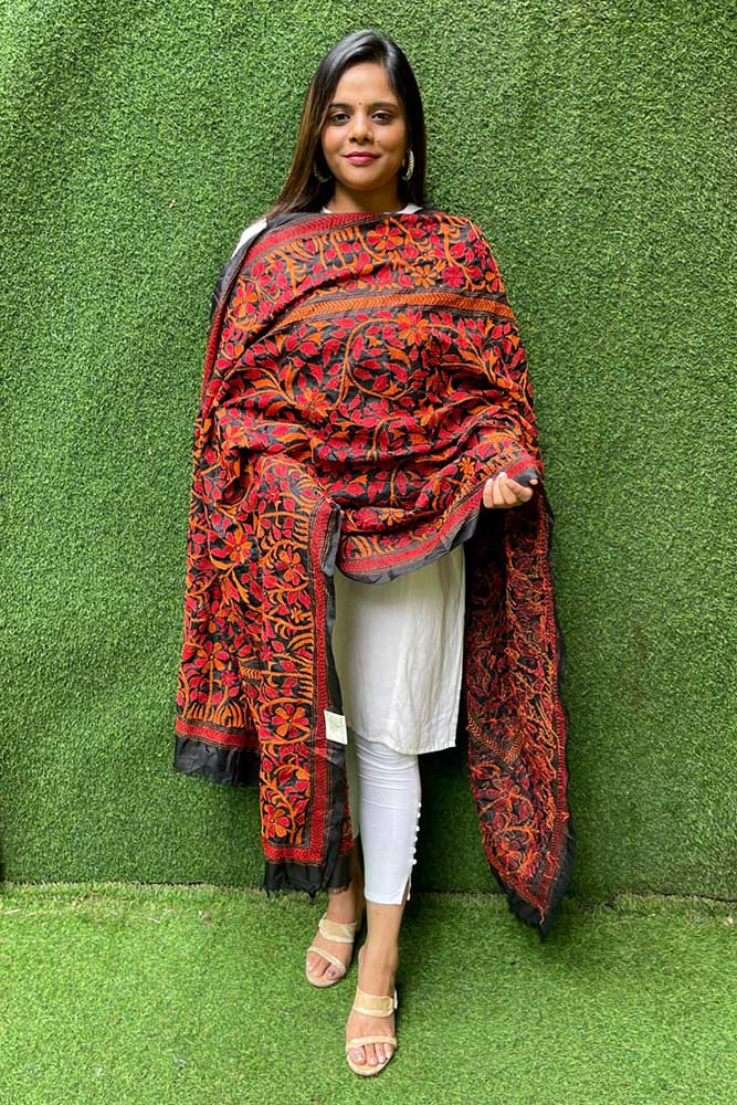 Black Hand Embroidered Kantha Bangalore Silk Dupatta - Luxurion World