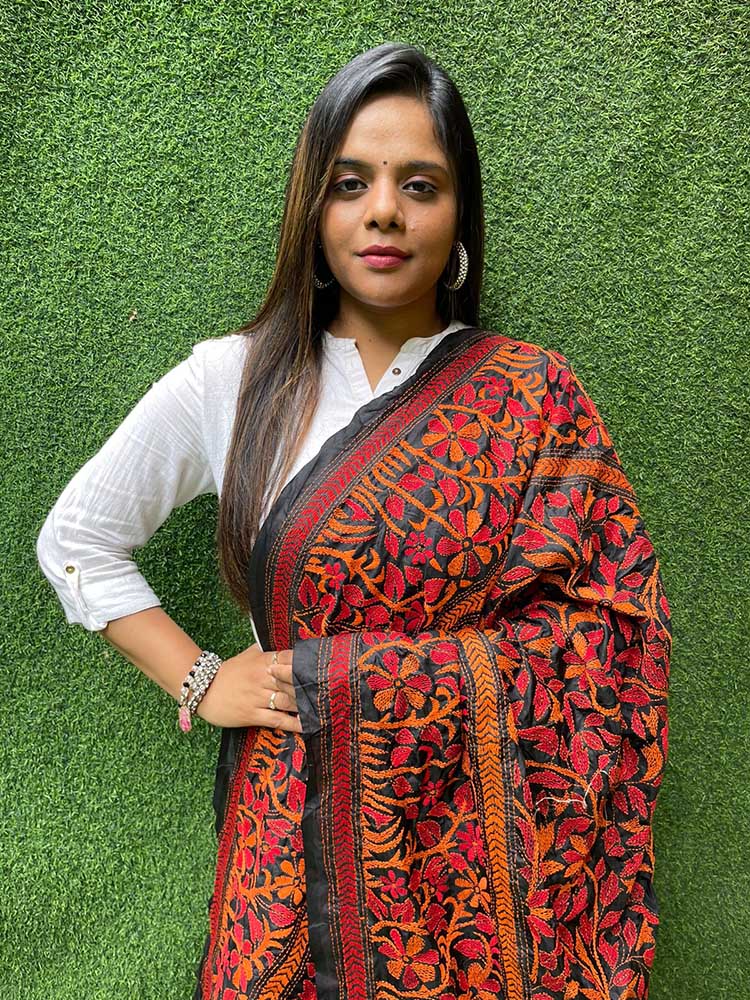 Black Hand Embroidered Kantha Bangalore Silk Dupatta - Luxurion World