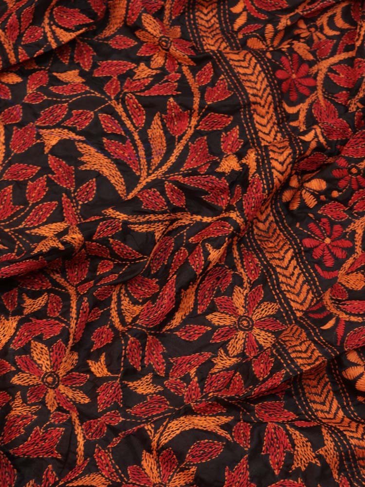 Black Hand Embroidered Kantha Bangalore Silk Dupatta - Luxurion World
