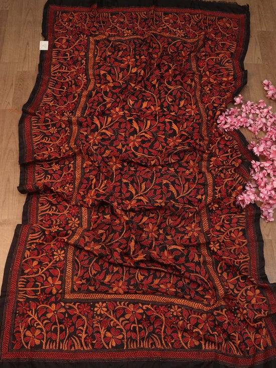 Multi-coloured Kantha Embroidered Silk Dupatta