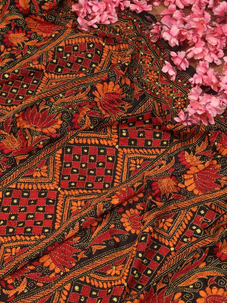 Black Hand Embroidered Kantha Bangalore Silk Dupatta - Luxurion World