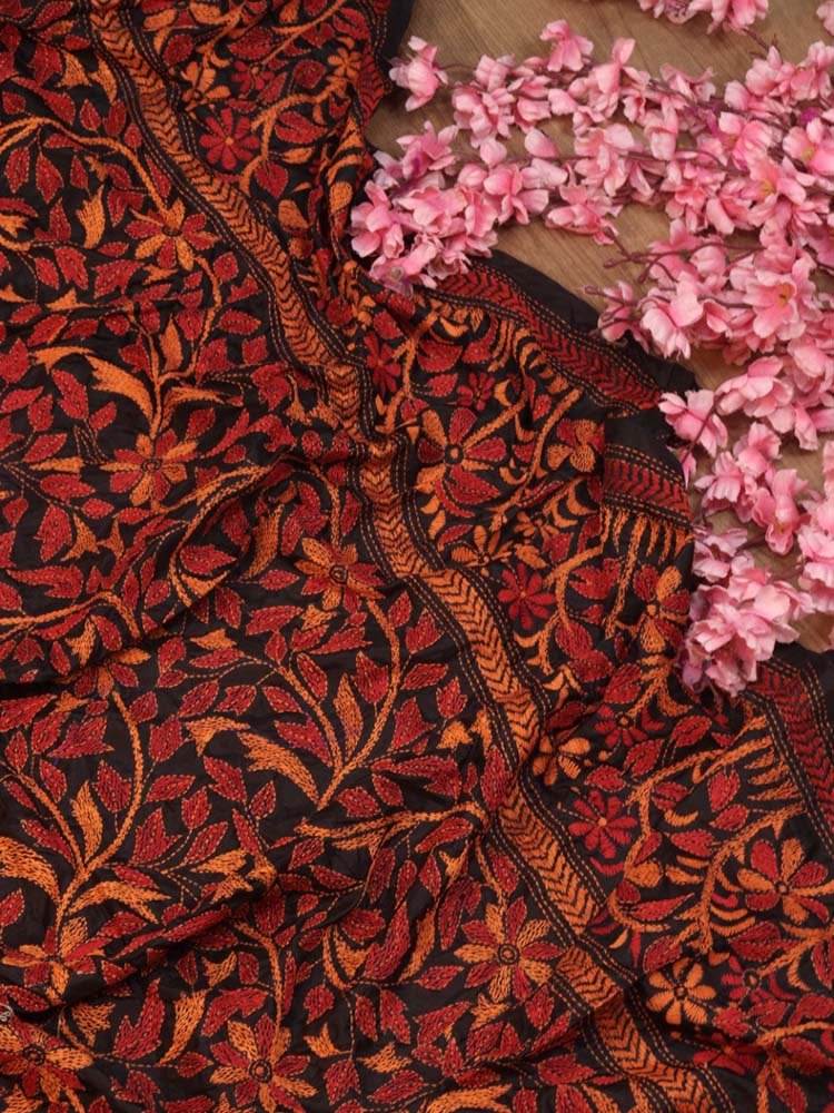 Black Hand Embroidered Kantha Bangalore Silk Dupatta - Luxurion World