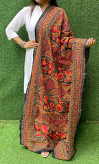 Black Hand Embroidered Kantha Bangalore Silk Dupatta - Luxurion World