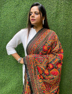 Black Hand Embroidered Kantha Bangalore Silk Dupatta - Luxurion World