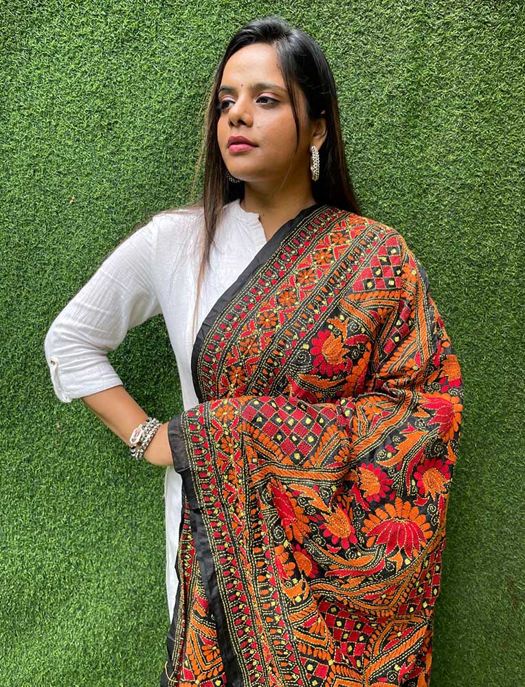 Black Hand Embroidered Kantha Bangalore Silk Dupatta - Luxurion World