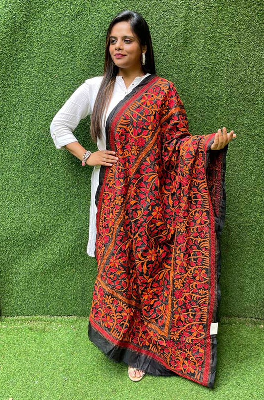 Black Hand Embroidered Kantha Bangalore Silk Dupatta - Luxurion World