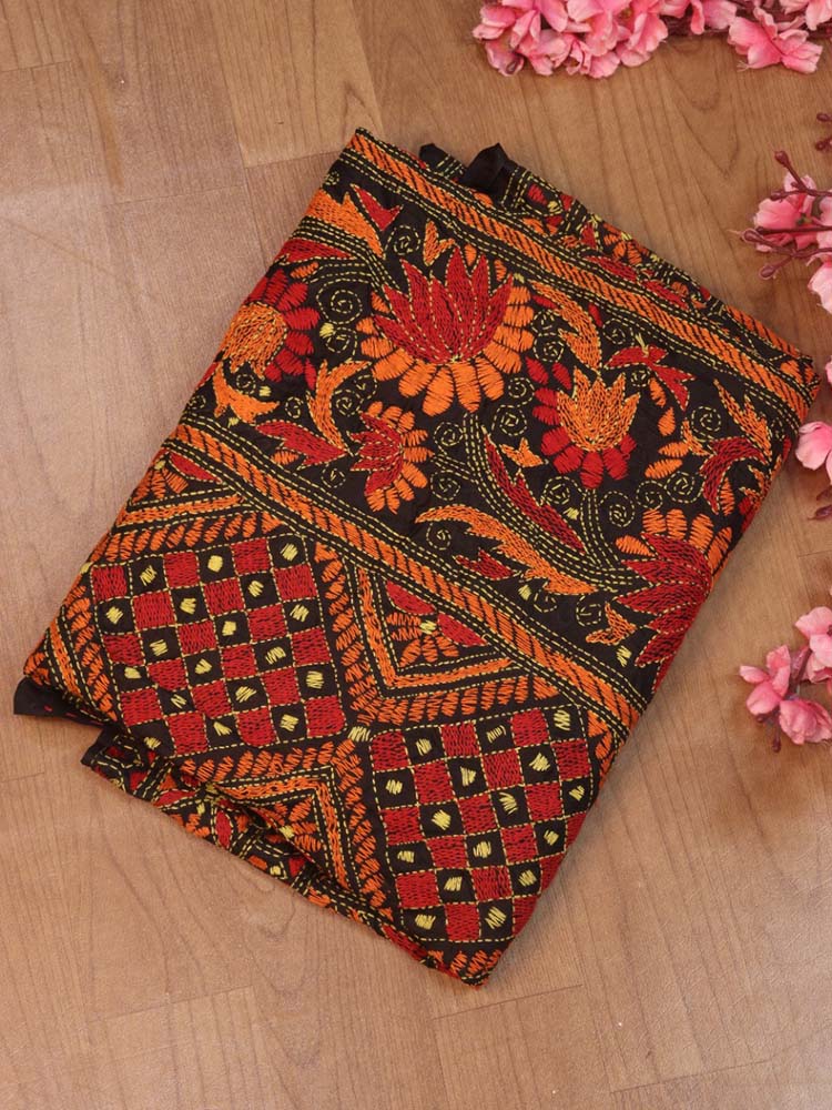 Black Hand Embroidered Kantha Bangalore Silk Dupatta - Luxurion World