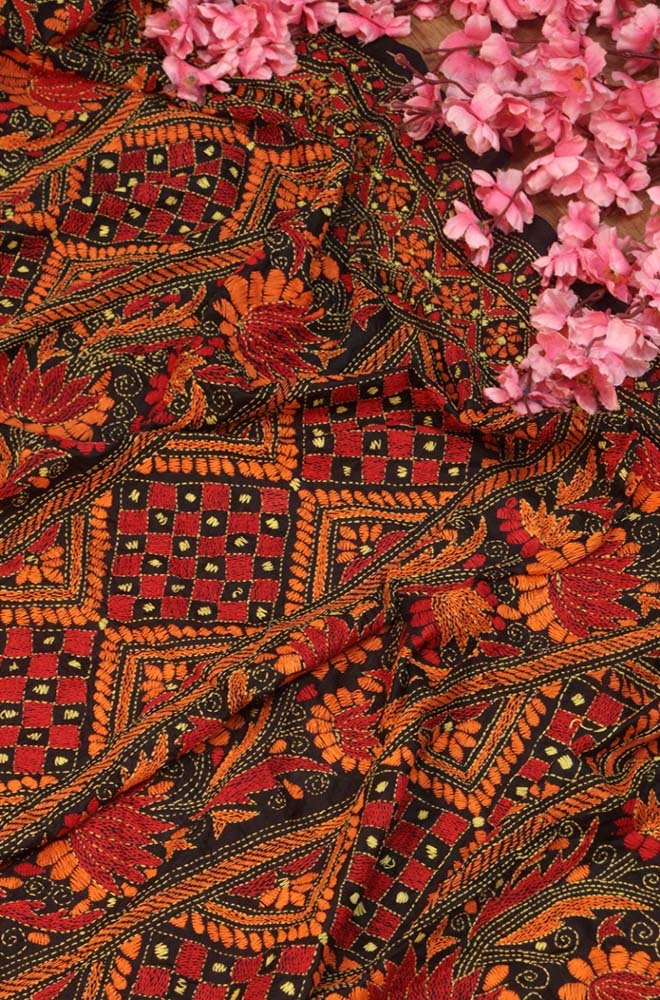 Black Hand Embroidered Kantha Bangalore Silk Dupatta - Luxurion World