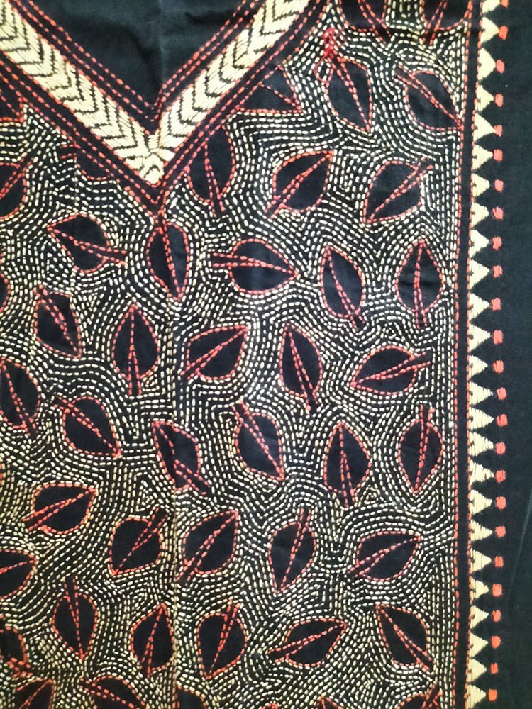Black Hand Embroidered Kantha Cotton Unstitched Kurti - Luxurion World
