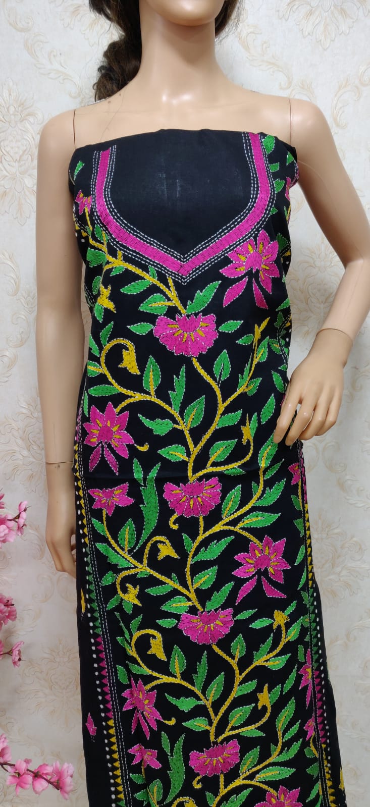 Black Hand Embroidered Kantha Cotton Unstitched Kurti - Luxurion World