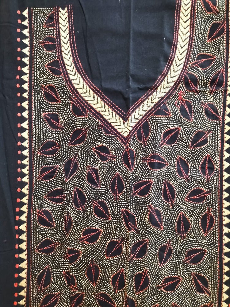 Black Hand Embroidered Kantha Cotton Unstitched Kurti - Luxurion World