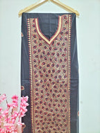 Black Hand Embroidered Kantha Cotton Unstitched Kurti - Luxurion World