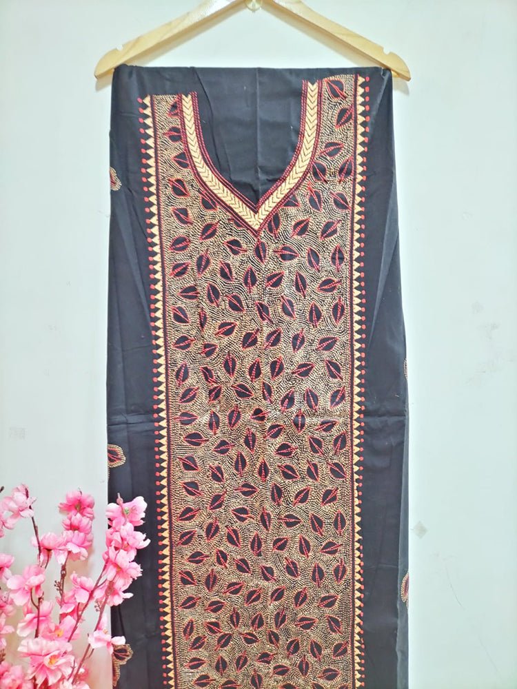Black Hand Embroidered Kantha Cotton Unstitched Kurti - Luxurion World