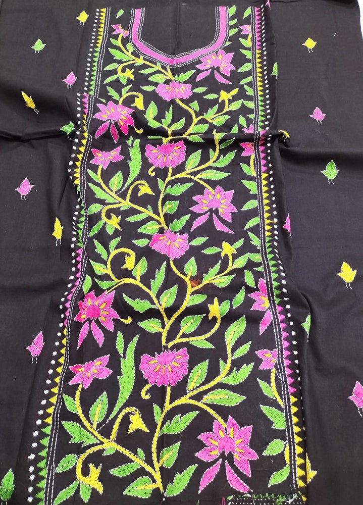 Black Hand Embroidered Kantha Cotton Unstitched Kurti - Luxurion World