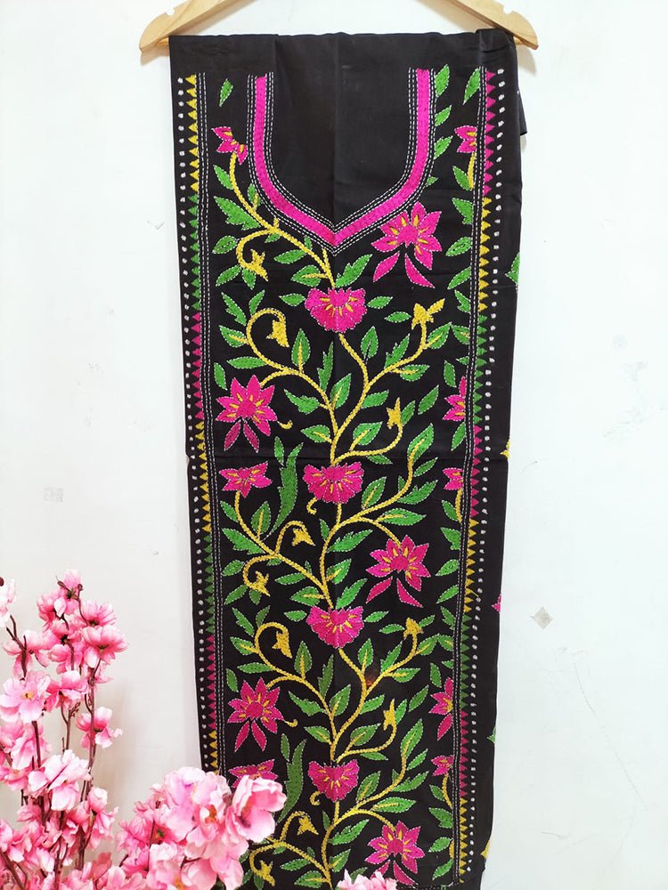 Black Hand Embroidered Kantha Cotton Unstitched Kurti - Luxurion World