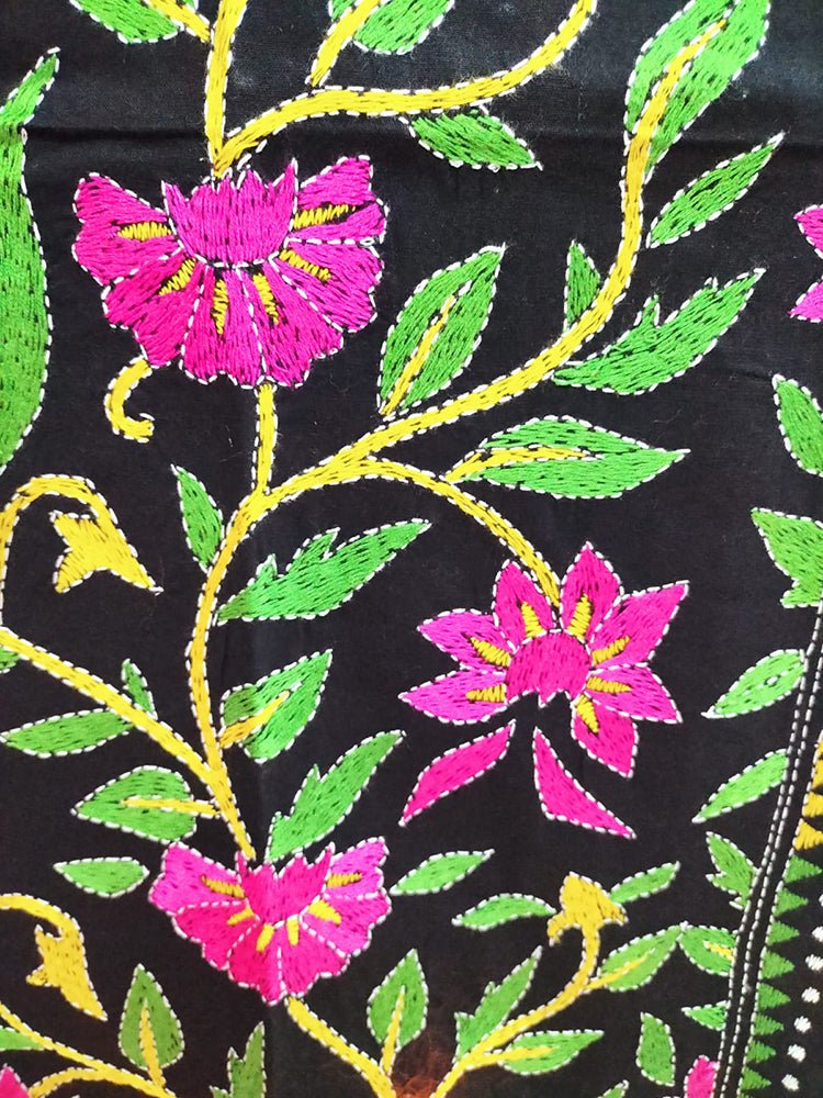 Black Hand Embroidered Kantha Cotton Unstitched Kurti - Luxurion World