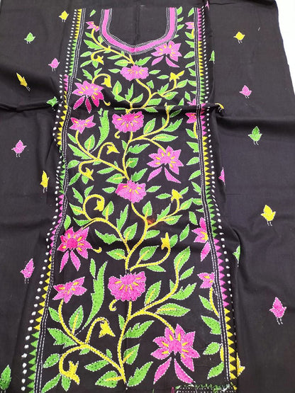 Black Hand Embroidered Kantha Cotton Unstitched Kurti