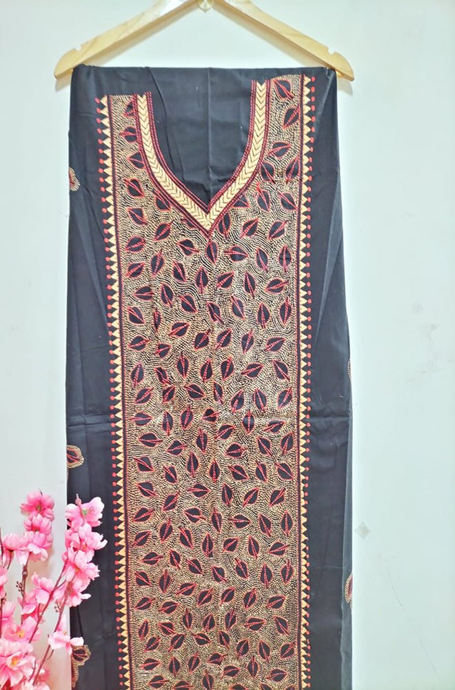 Black Hand Embroidered Kantha Cotton Unstitched Kurti - Luxurion World