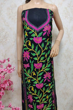 Black Hand Embroidered Kantha Cotton Unstitched Kurti - Luxurion World