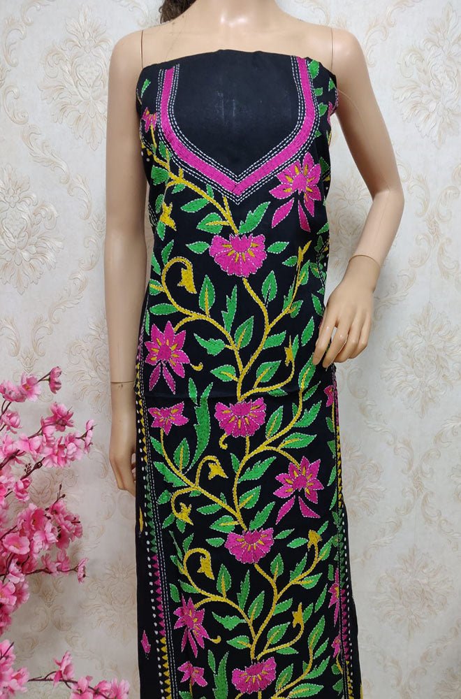 Black Hand Embroidered Kantha Cotton Unstitched Kurti - Luxurion World