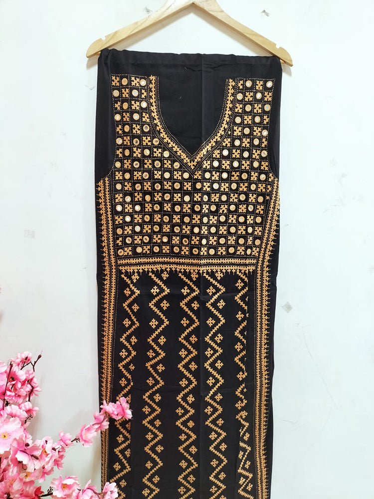 Black Hand Embroidered Kantha Cotton Unstitched Kurti - Luxurion World