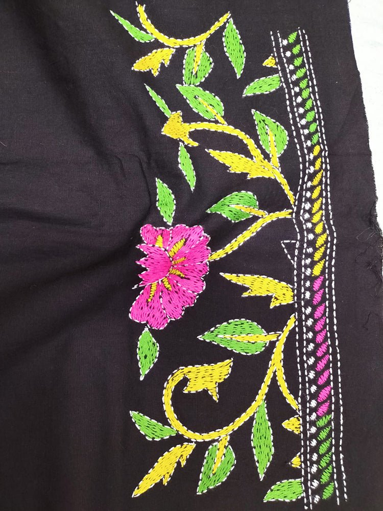 Black Hand Embroidered Kantha Cotton Unstitched Kurti - Luxurion World