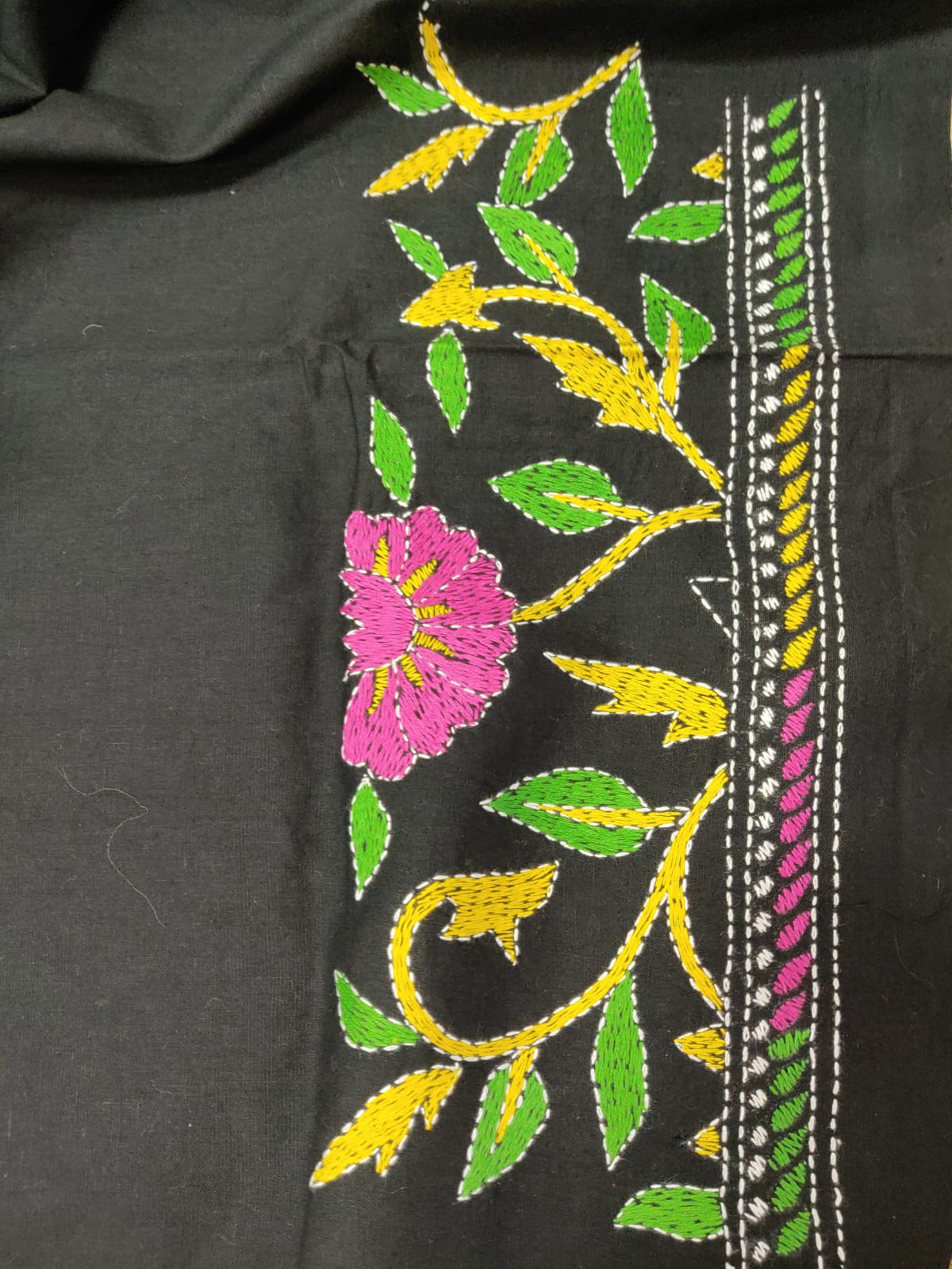 Black Hand Embroidered Kantha Cotton Unstitched Kurti - Luxurion World