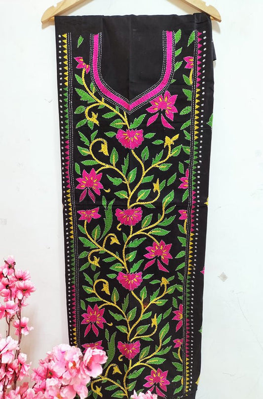 Black Hand Embroidered Kantha Cotton Unstitched Kurti - Luxurion World