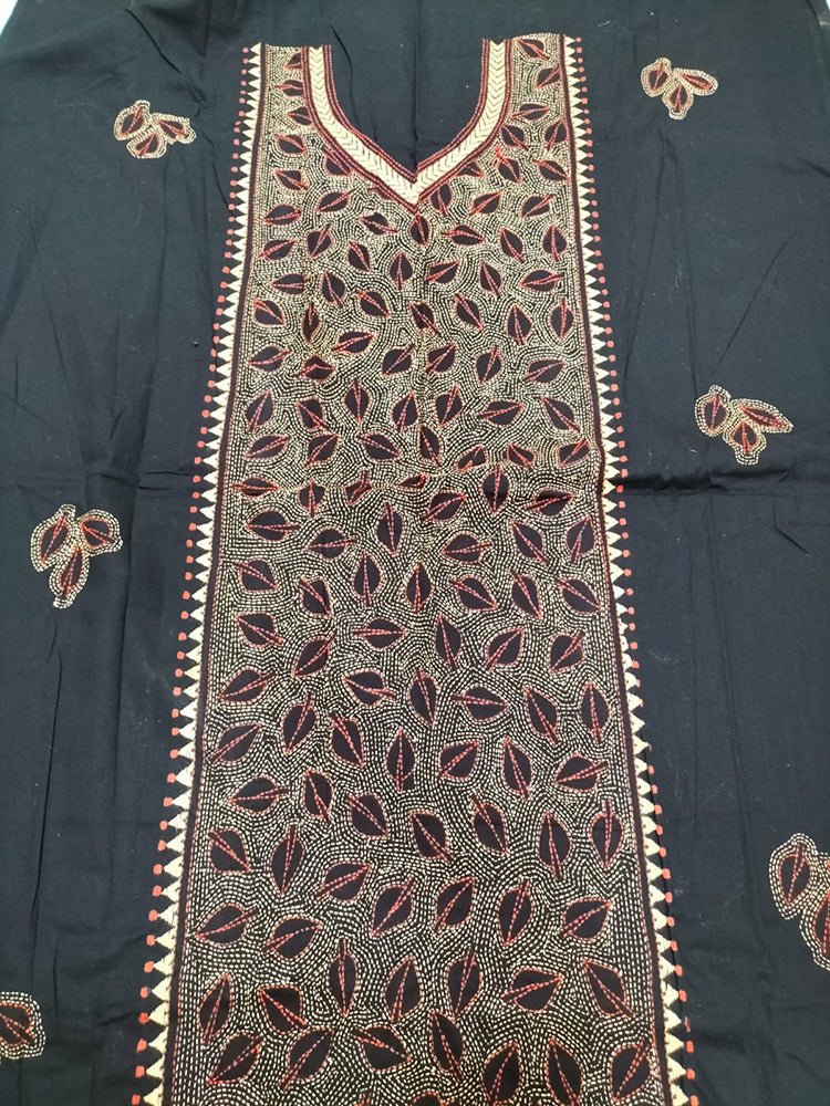 Black Hand Embroidered Kantha Cotton Unstitched Kurti - Luxurion World