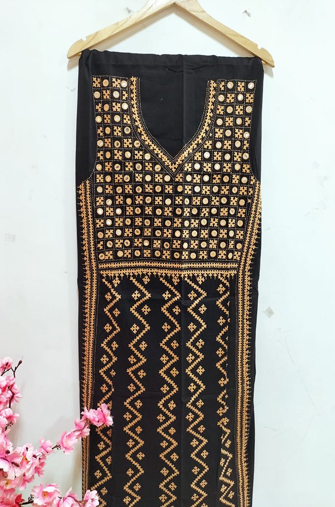 Black Hand Embroidered Kantha Cotton Unstitched Kurti - Luxurion World