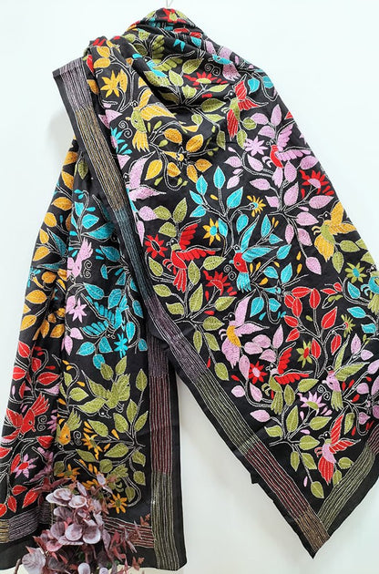Exquisite Black Kantha Silk Dupatta with Hand Embroidery