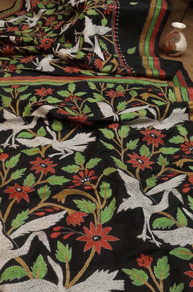 Exquisite Black Kantha Silk Saree with Hand Embroidery - Luxurion World