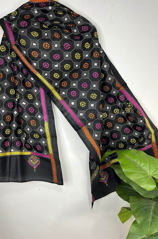 Black Hand Embroidered Kantha Pure Bangalore Silk Stole - Luxurion World
