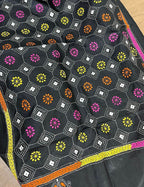 Black Hand Embroidered Kantha Pure Bangalore Silk Stole - Luxurion World