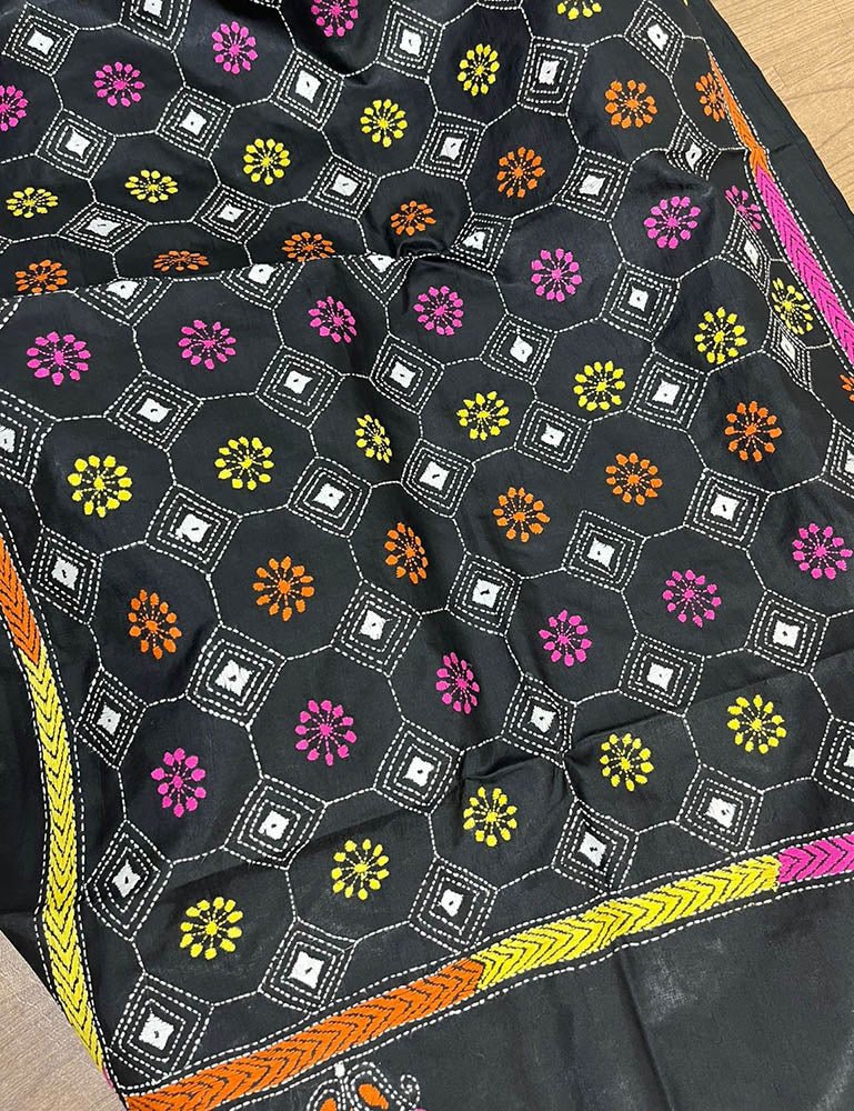 Black Hand Embroidered Kantha Pure Bangalore Silk Stole - Luxurion World