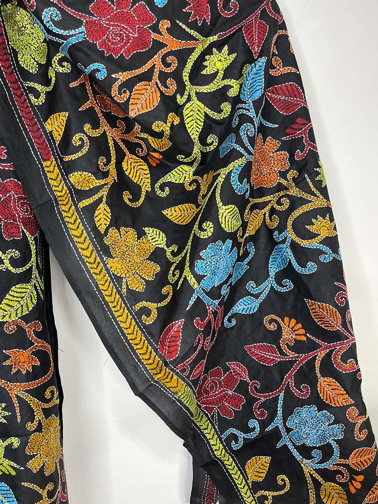 Black Hand Embroidered Kantha Pure Bangalore Silk Stole - Luxurion World