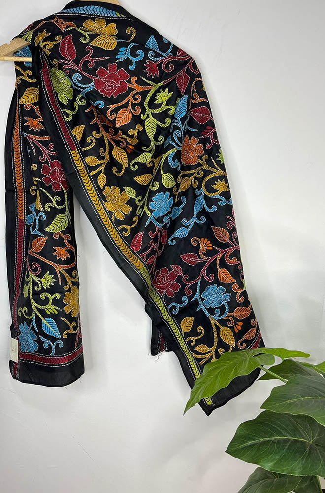 Black Hand Embroidered Kantha Pure Bangalore Silk Stole - Luxurion World