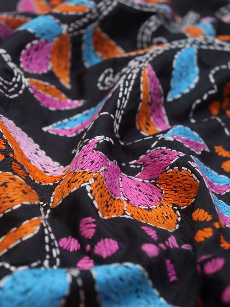 Black Hand Embroidered Kantha Silk Fabric ( 1 Mtr ) - Luxurion World