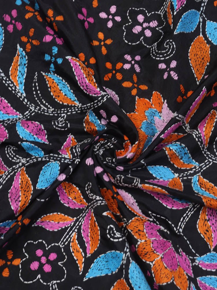 Black Hand Embroidered Kantha Silk Fabric ( 1 Mtr ) - Luxurion World