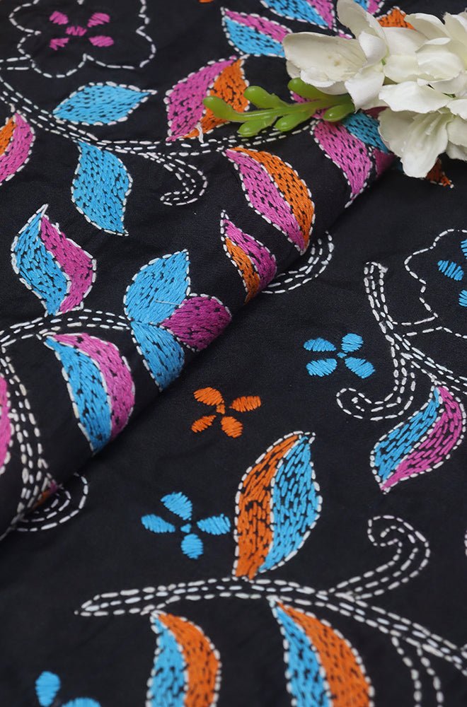 Black Hand Embroidered Kantha Silk Fabric ( 1 Mtr ) - Luxurion World